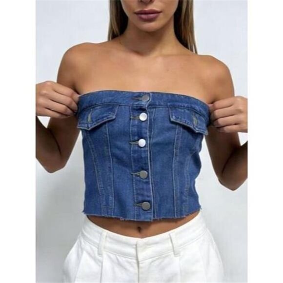 A Classy Chic Boutique Tops - Button Front Denim Tube Top
